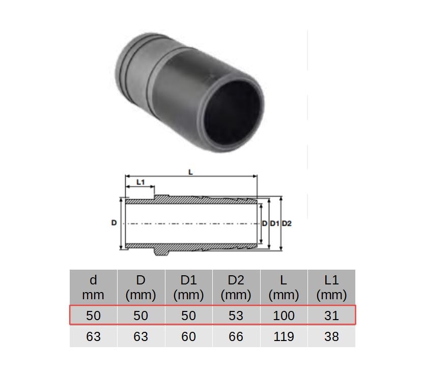 PVC-U Slangadapter (limstos) Ø 50 mm med dimensioner