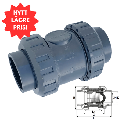 PVC-U Backventil Ø50 mm med rostfri fjäder - limmas på båda sidor