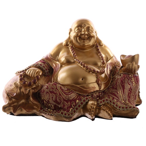 Sittande Happy Buddha med säck i Rött och Guld