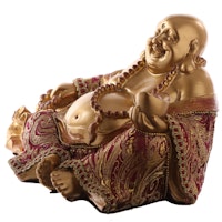 Sittande Happy Buddha med säck i Rött och Guld