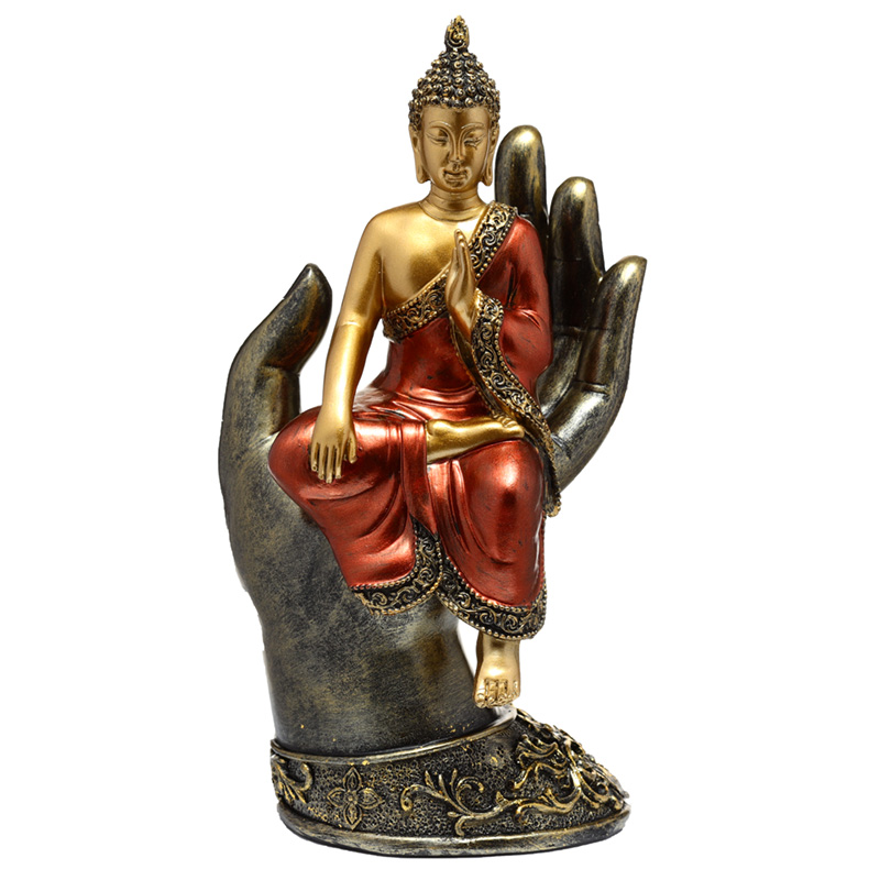 Sittande Thai Buddha i hand i Guld och Rött