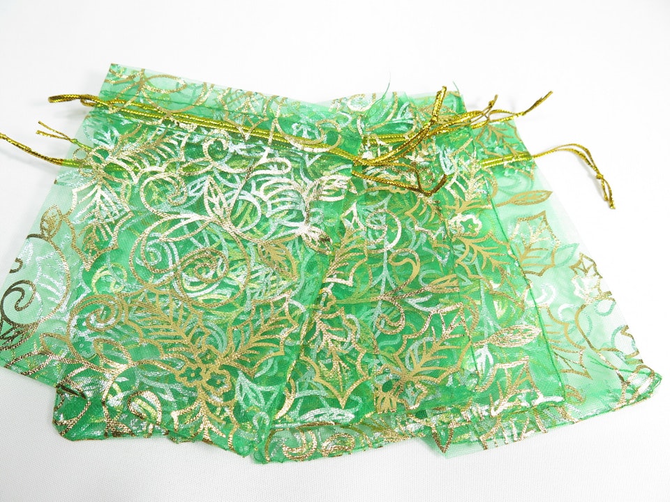 Organza / smycke påse grön mönstrad ca 12x9, 5-pack