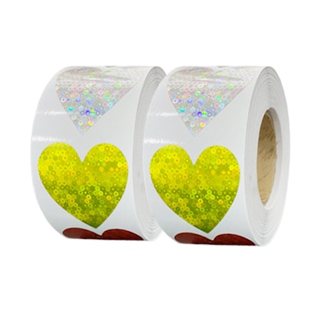 Stickers på rulle - gnistrande hjärtan -  9 färger - 500st
