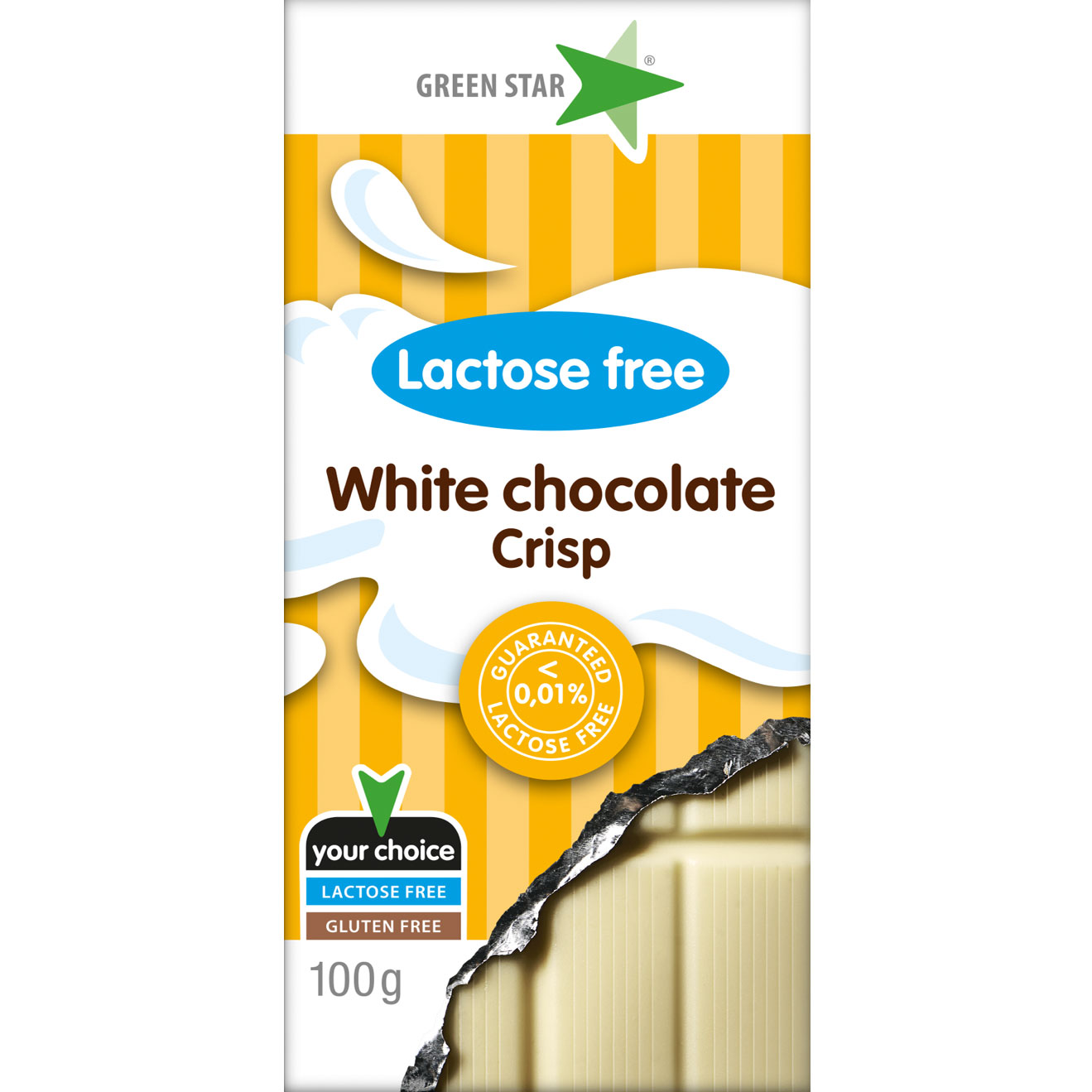 Green Star Lactose Free Milk Chocolate, White Chocolate Crisp - 100 grams
