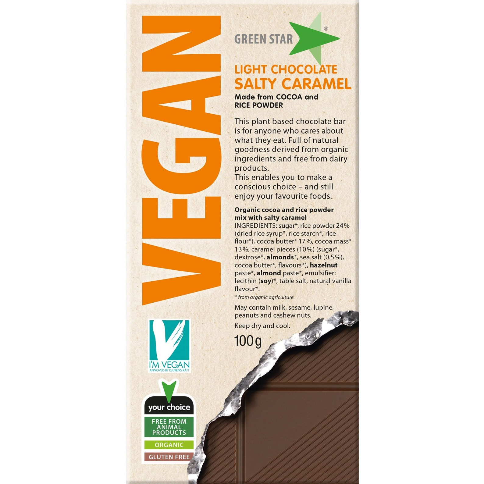 Green Star Vegan Light Chocolate, Salty Caramel - 100 grams
