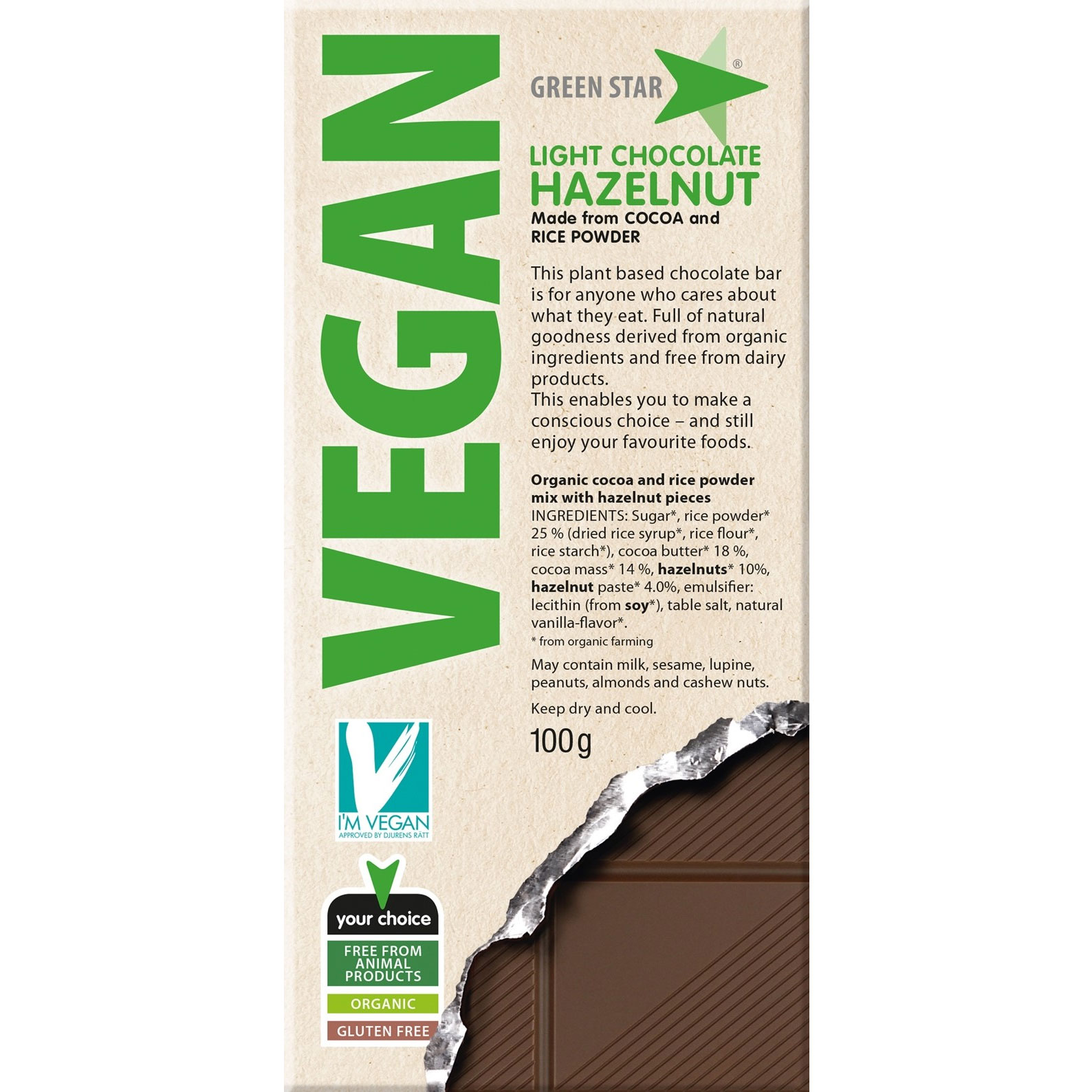Green Star Vegan Light Chocolate, Hazelnut - 100 grams