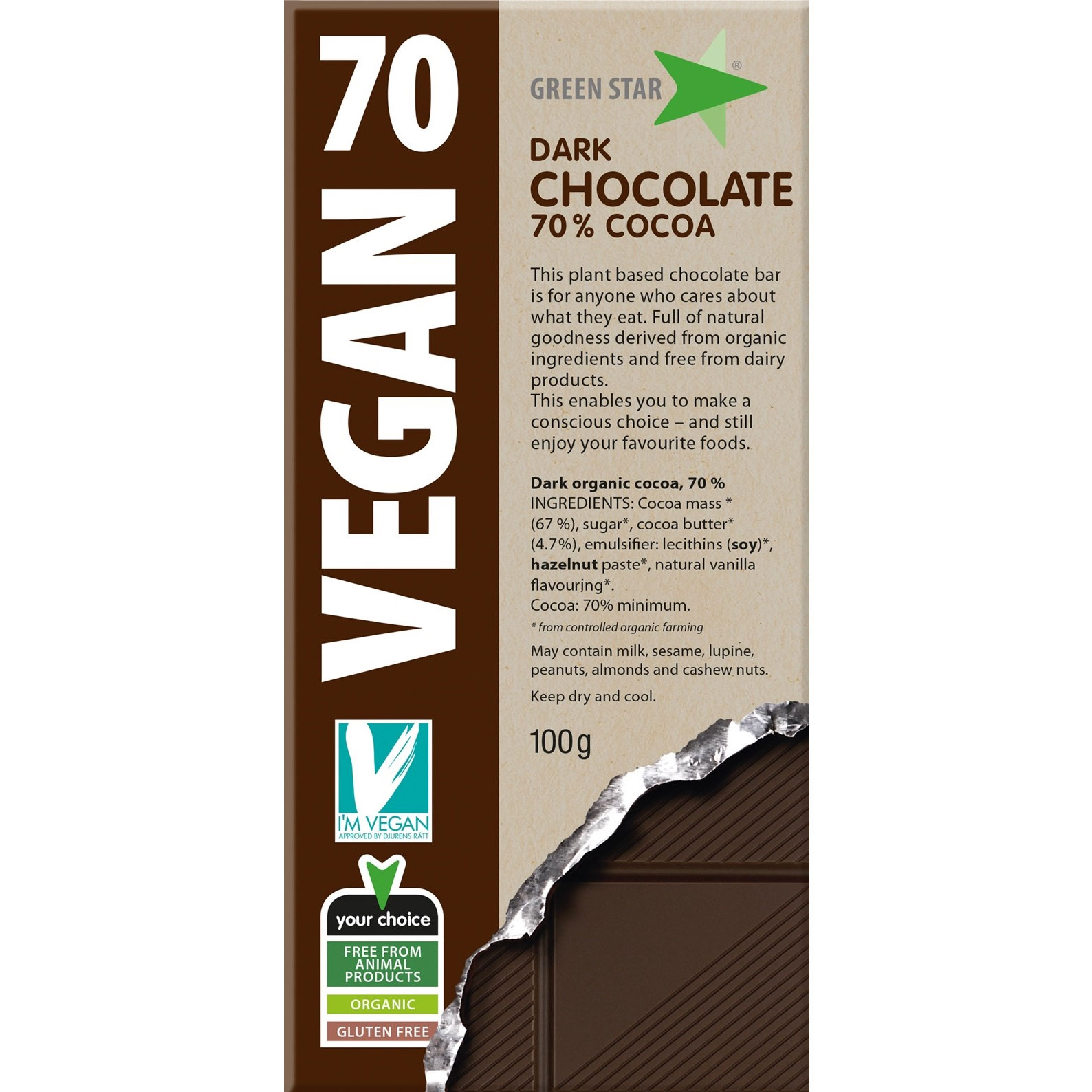 Green Star Vegan Dark Chocolate, 70% Cocoa - 100 grams