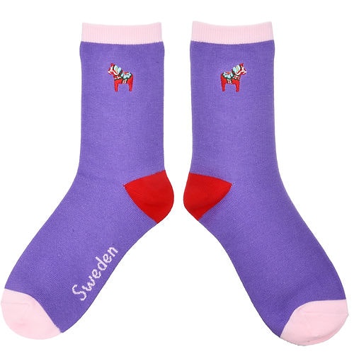 Robin Ruth Embroidey Socks, Size 36-42 - Dala Horse, Violet