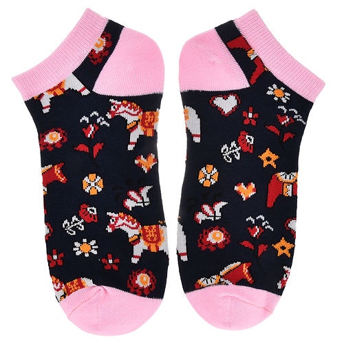 Robin Ruth Ankle Socks, Size 36-42 - Dala Horse, Black/Pink