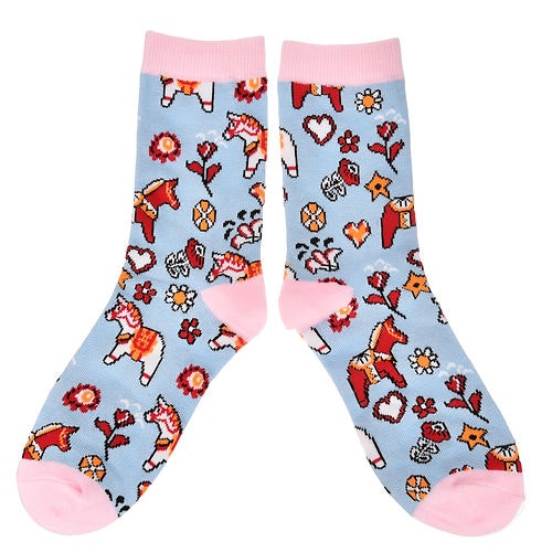Robin Ruth Classic Socks, Size 35-42 - Dala Horse, Light Blue