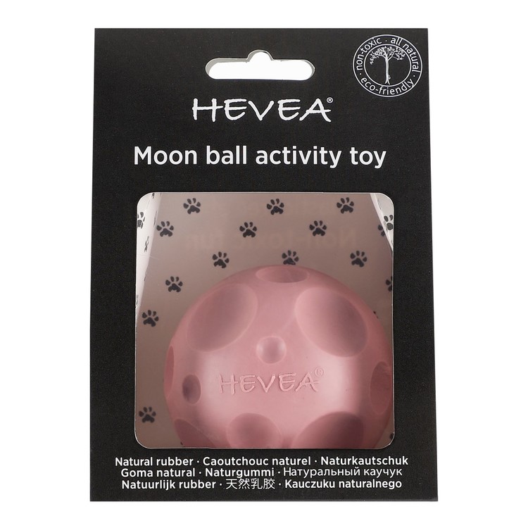 Hevea moonball aktviverings leksak för hund rosa i förpackning.