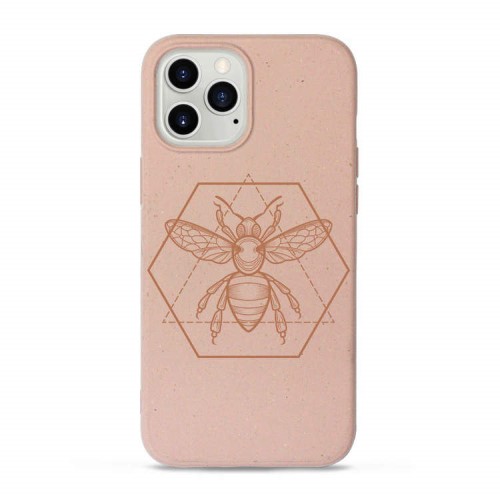 rosa miljövänligt mobilskal med screentryck av ett bi.
