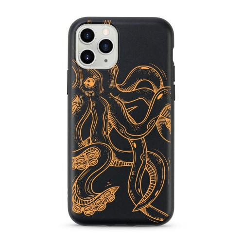 miljövänligt mobilskal med screentryck av en bläckfisk på svartbakgrund