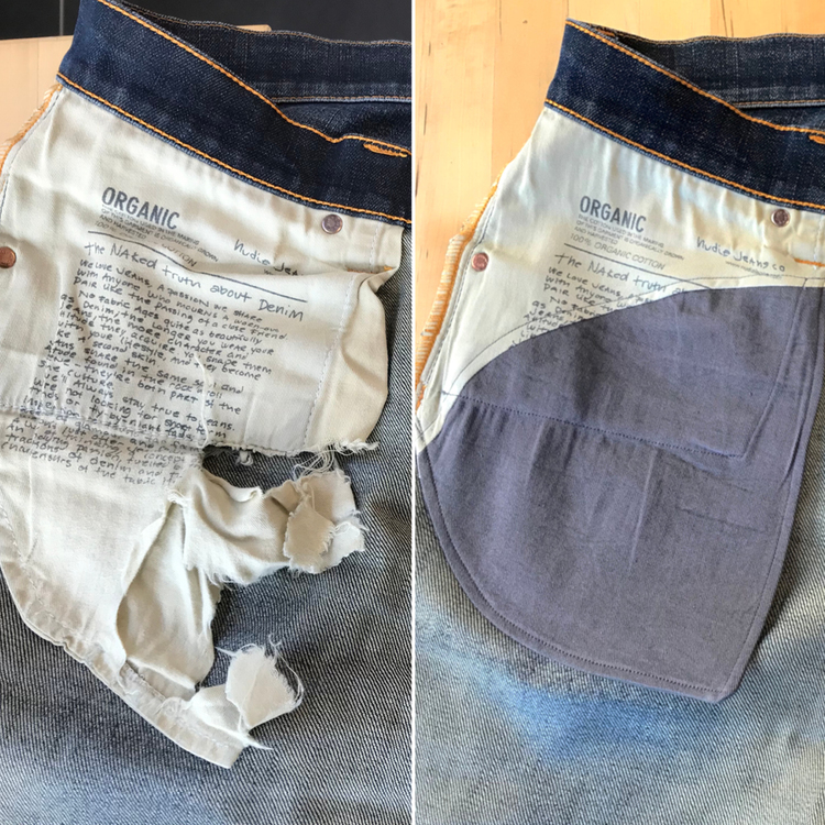 Lagningar av fickor på byxor och jeans.