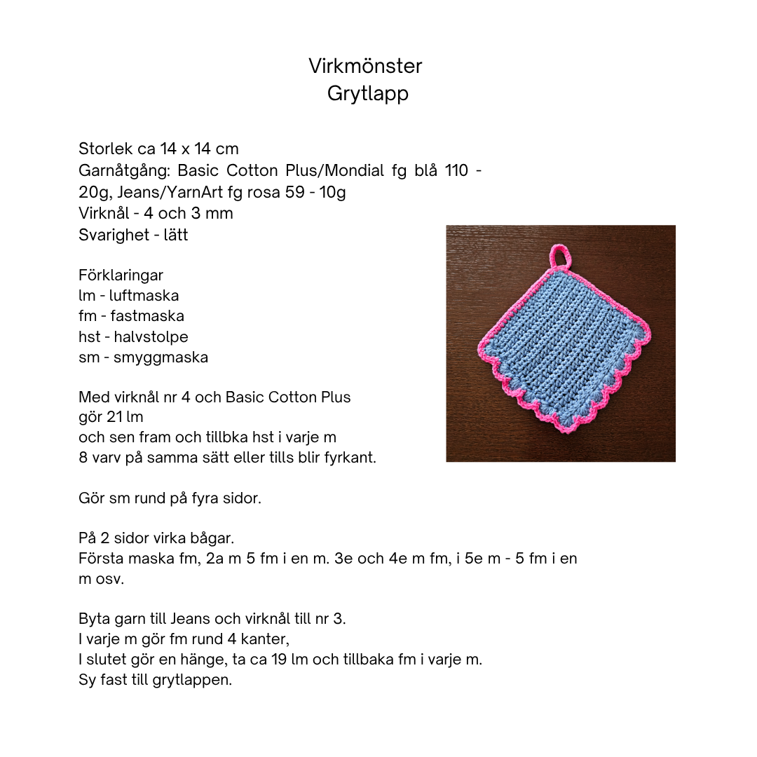 Virkmönster grytlapp basic cotton plus/jeans