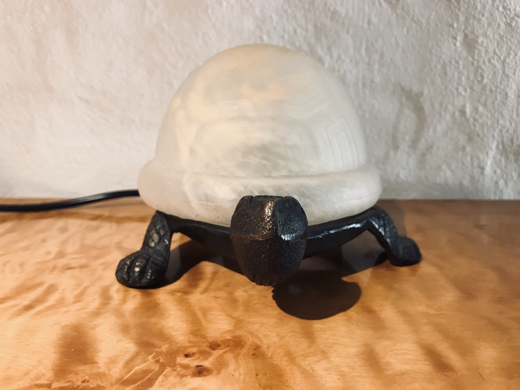 Sköldpaddslampa i järn samt glas framifrån