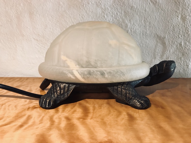 Sköldpaddslampa i järn samt glas släckt sidan