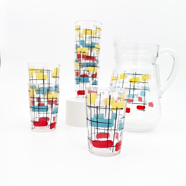 Retro saftservis - Karaff och 6 glas, 50-tal