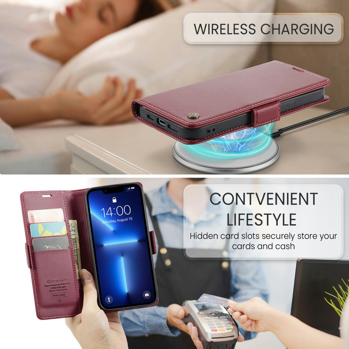 iPhone 12/12 Pro - Fodral Premium Läder RFID Skyddat CaseMe® Vinröd
