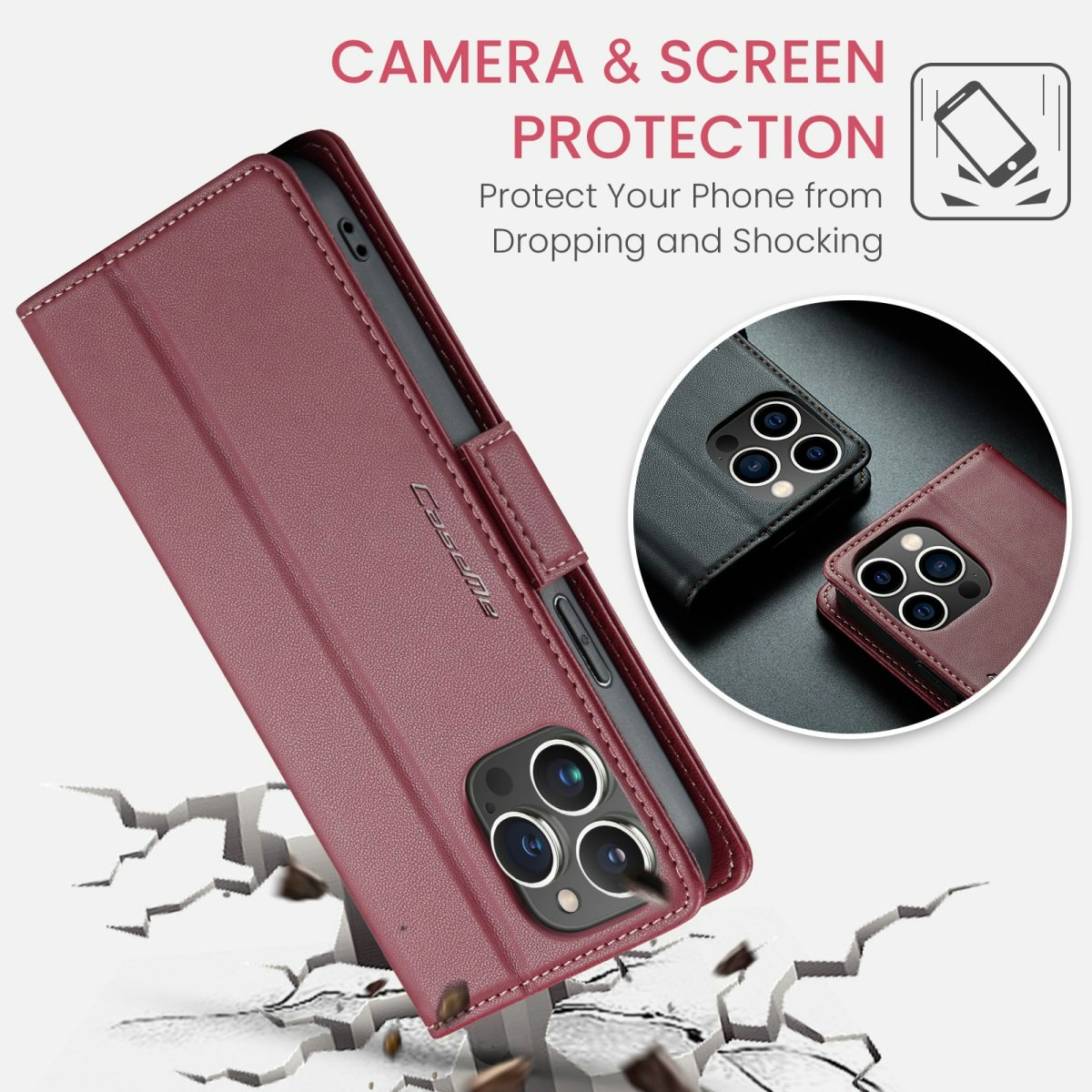 iPhone 12/12 Pro - Fodral Premium Läder RFID Skyddat CaseMe® Vinröd