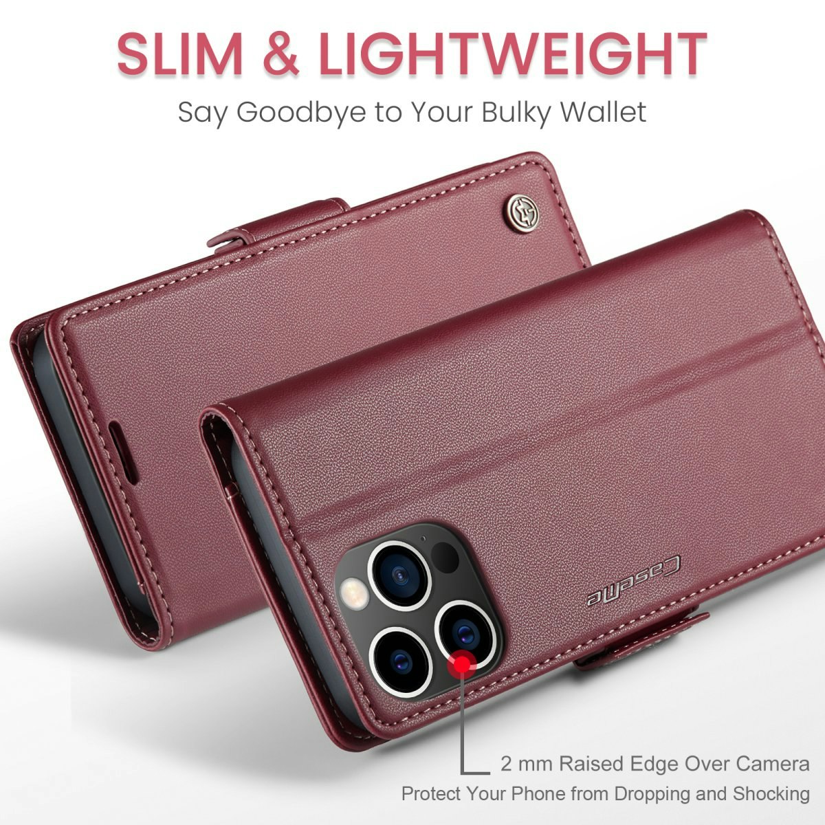 iPhone 12/12 Pro - Fodral Premium Läder RFID Skyddat CaseMe® Vinröd