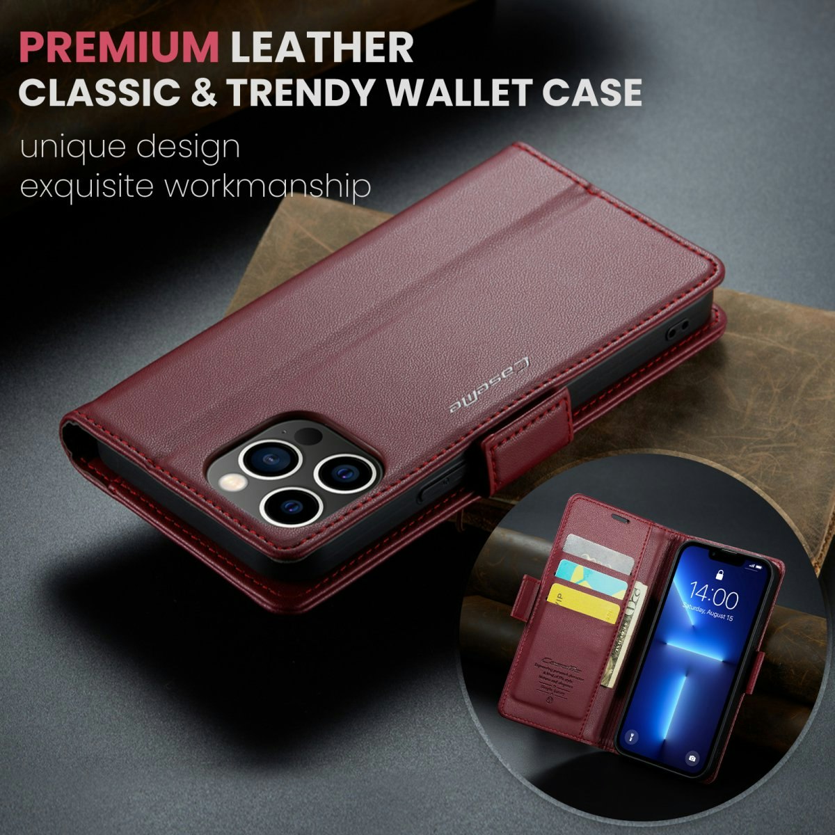 iPhone 12/12 Pro - Fodral Premium Läder RFID Skyddat CaseMe® Vinröd