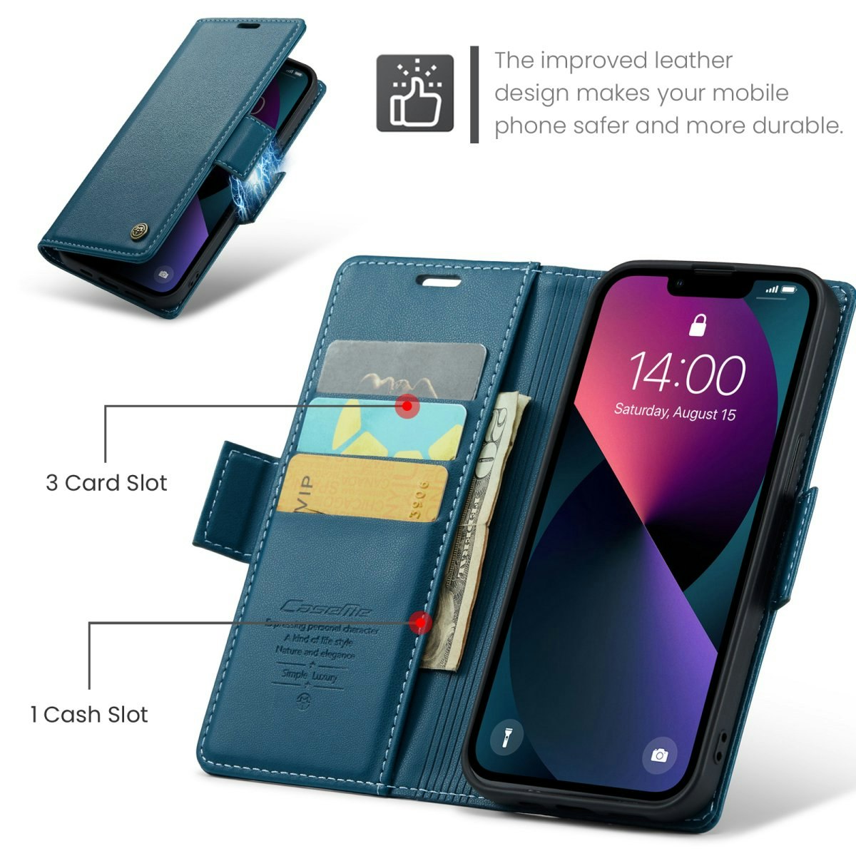 iPhone 15 - Fodral Premium Läder RFID Skyddat CaseMe® Blå