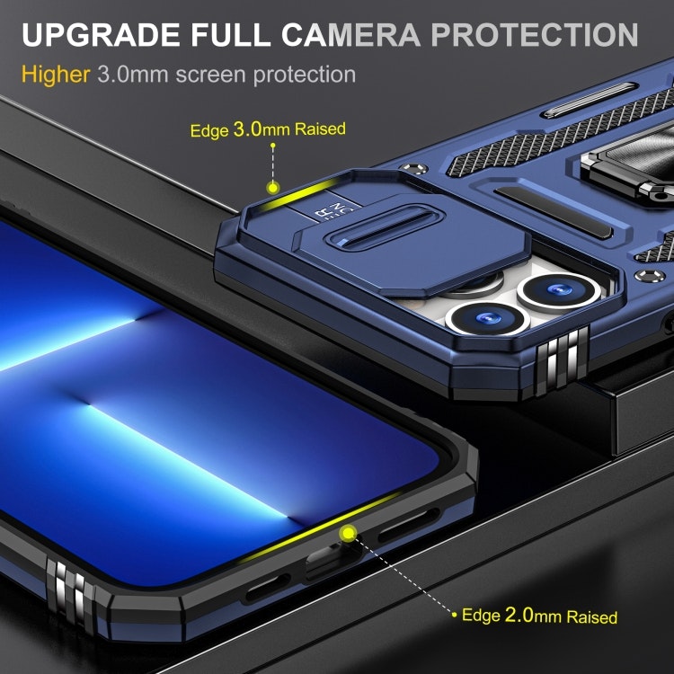 iPhone 13 Pro Max - Stöttåligt Hybrid CamShield Skal Ringhållare Blå