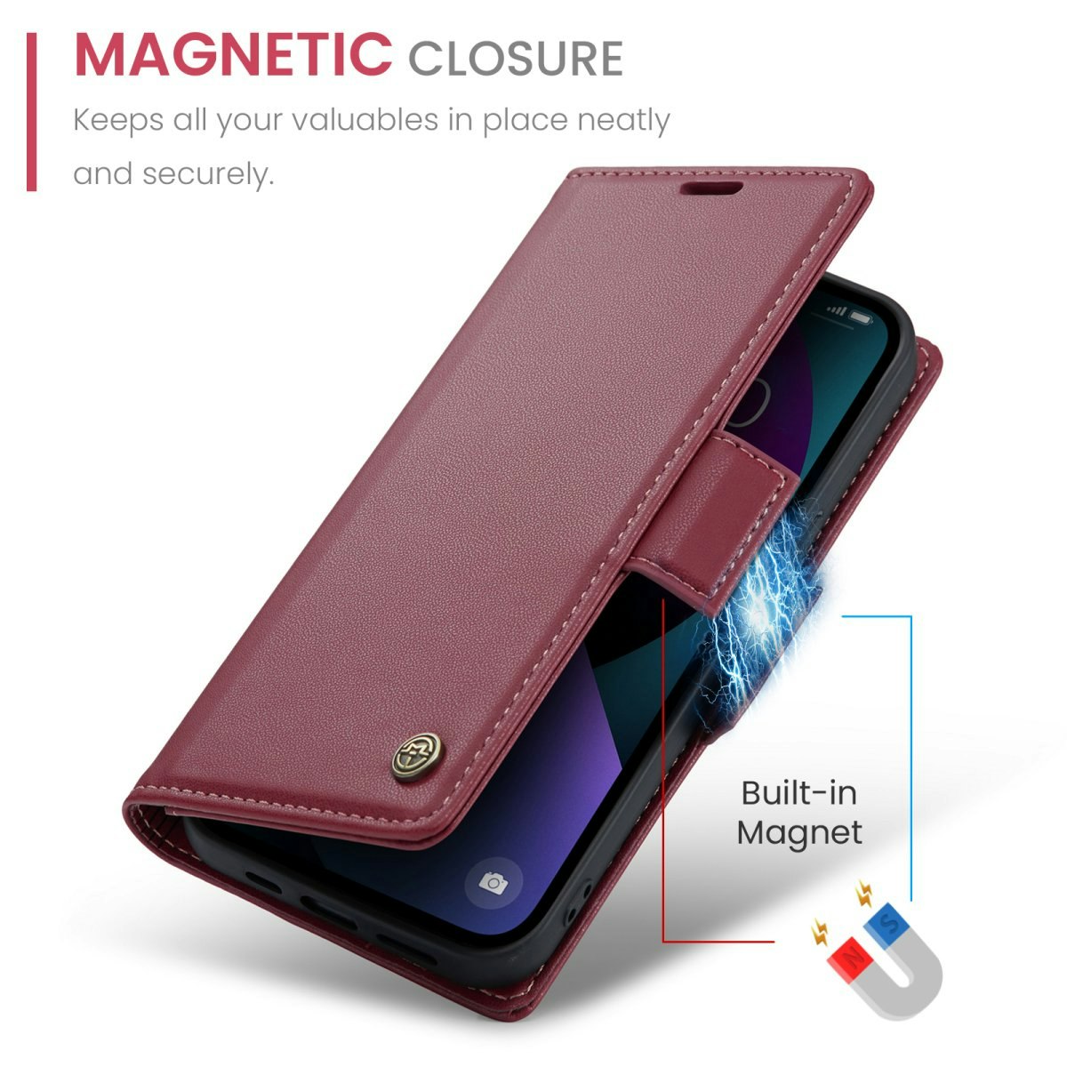 iPhone 13 - Fodral Premium Läder RFID Skyddat CaseMe® Röd