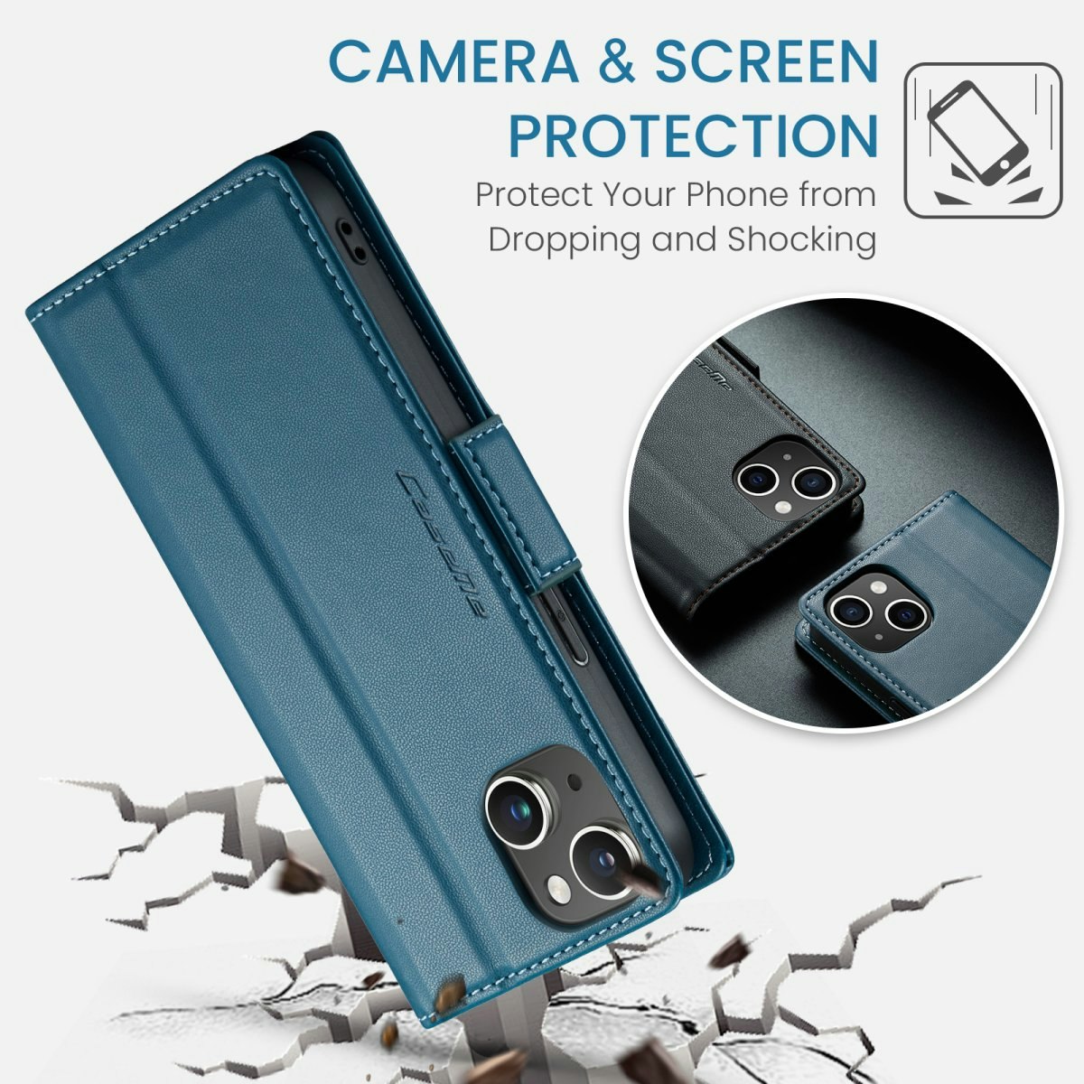 iPhone 15 - Fodral Premium Läder RFID Skyddat CaseMe® Blå
