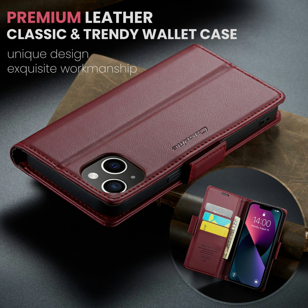 iPhone 13 - Fodral Premium Läder RFID Skyddat CaseMe® Röd