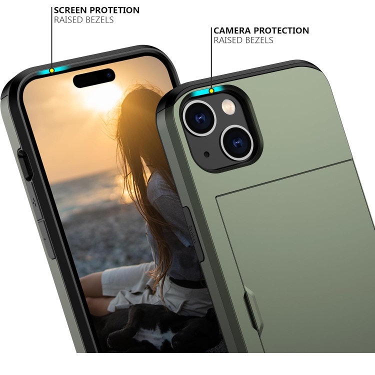 iPhone 14 - Stöttåligt Skal med Kortfack Extra Förstärkt Grön