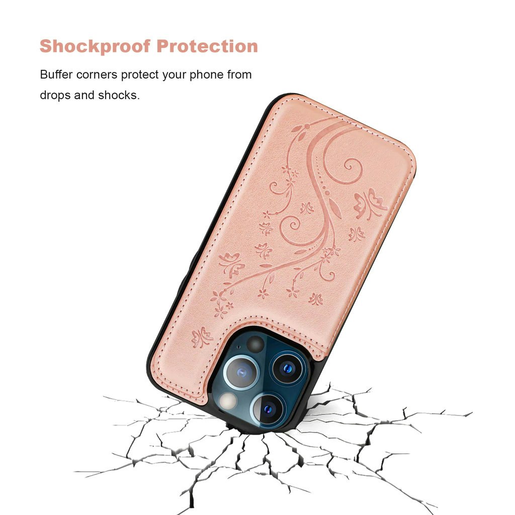 iPhone 13 Pro - Nordic® Stöttåligt Läder skal kortfack Roséguld