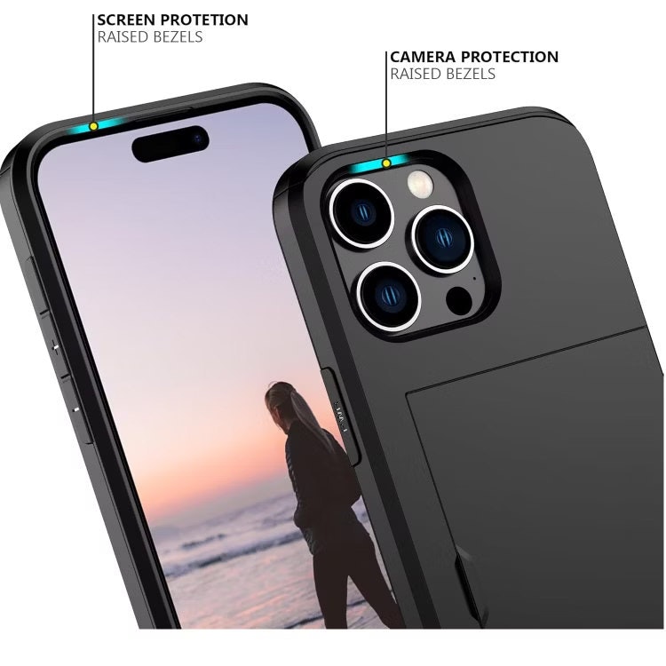 iPhone 15 Pro - Stöttåligt Skal med Kortfack Extra Förstärkt Svart