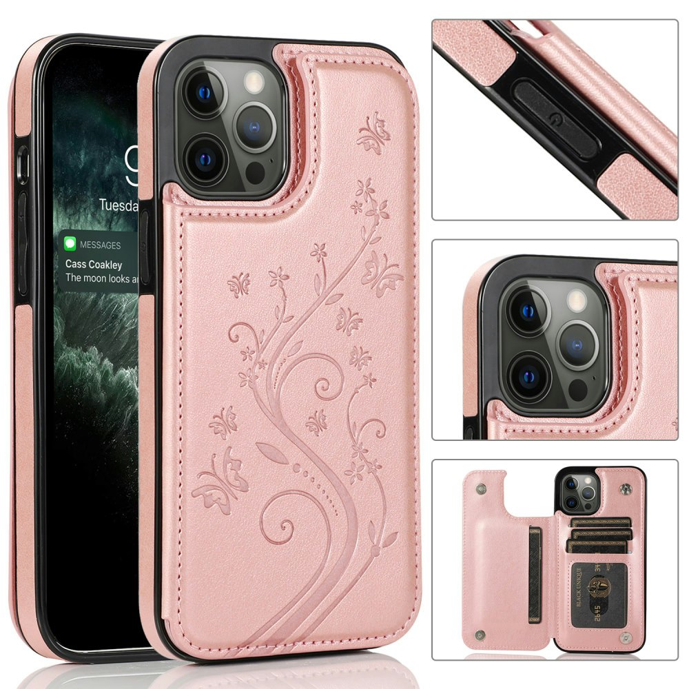 iPhone 13 Pro - Nordic® Stöttåligt Läder skal kortfack Roséguld