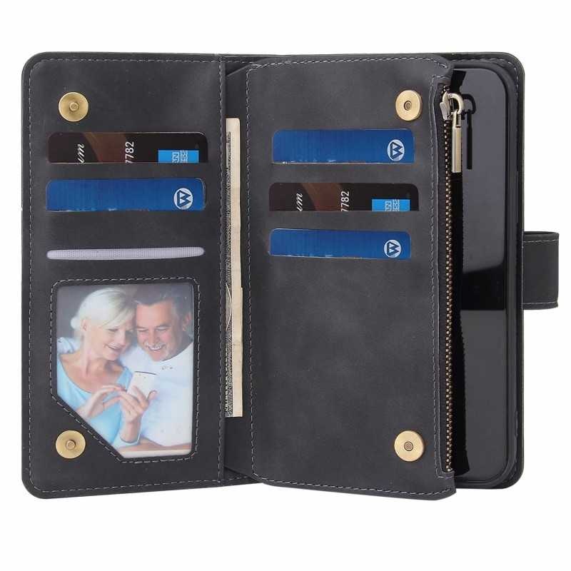iPhone 12 - Multifunktionellt Plånboksfodral Zipper 8-Fack Svart