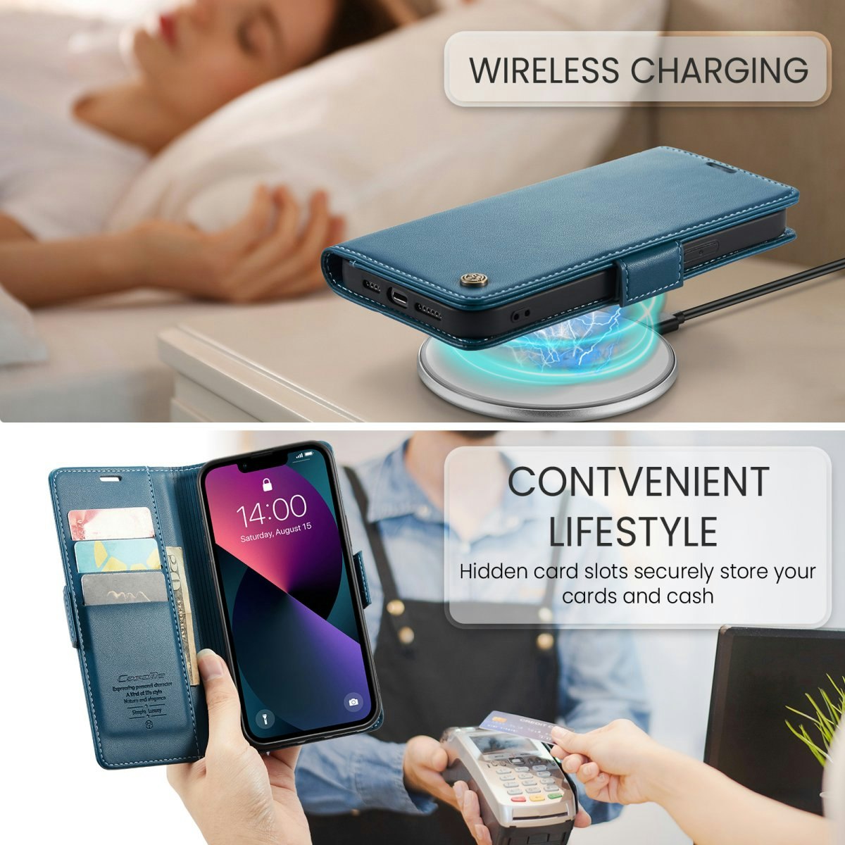 iPhone 15 - Fodral Premium Läder RFID Skyddat CaseMe® Blå