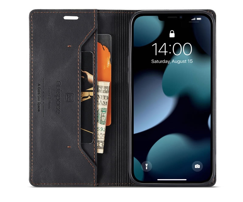 iPhone 13 Pro Max - Premium Läder Fodral RFID Skyddat Svart
