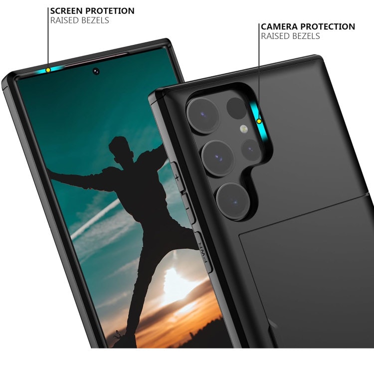 Samsung S25 Ultra - Stöttåligt Skal med Kortfack Extra Förstärkt Svart