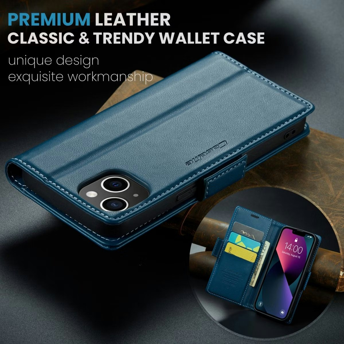 iPhone 13 - Fodral Premium Läder RFID Skyddat CaseMe® Blå