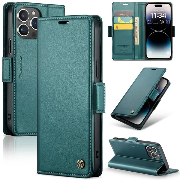 iPhone 14 Pro - Fodral Premium Läder RFID Skyddat CaseMe® Grön