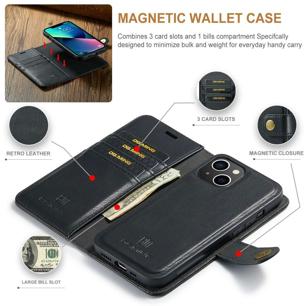 iPhone 14 - DG.MING® 2in1 Magnet Läder Fodral Svart