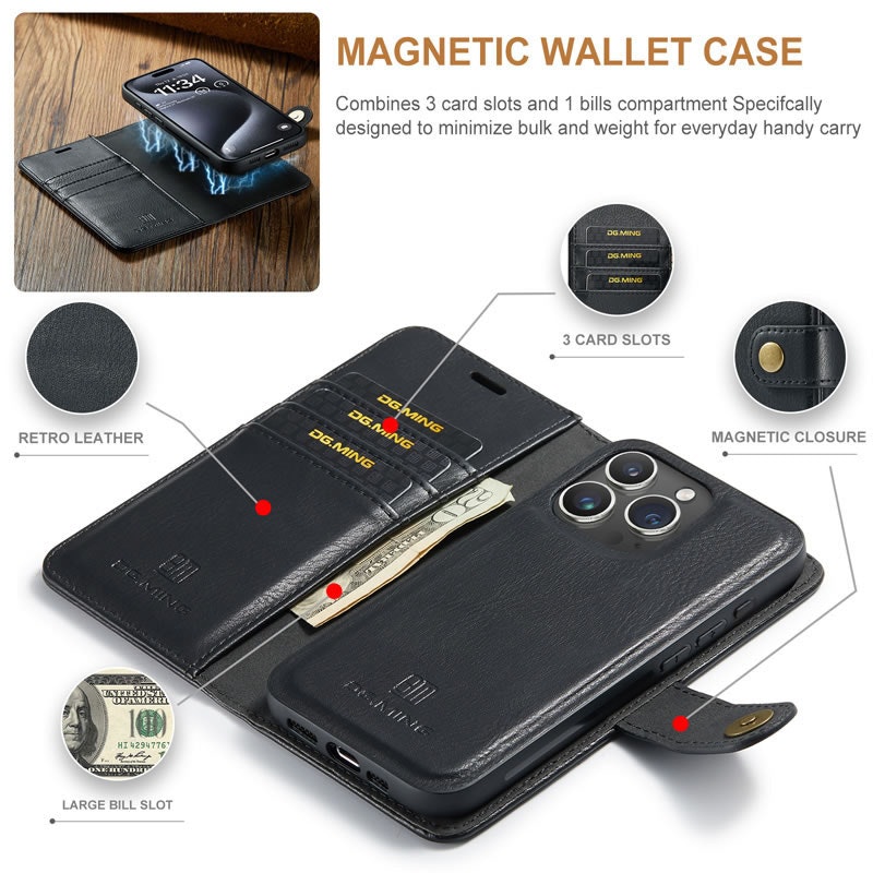 iPhone 12/12 Pro - DG.MING® 2in1 Magnet Plånboksfodral Svart