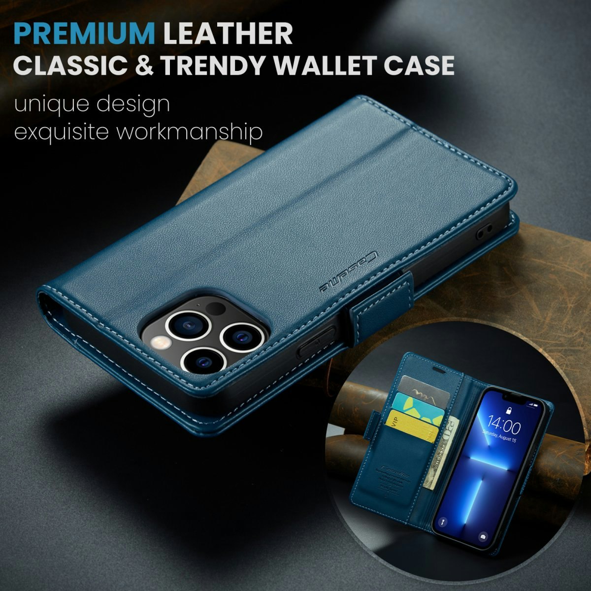 iPhone 15 Pro Max - Fodral Premium Läder RFID Skyddat CaseMe® Blå