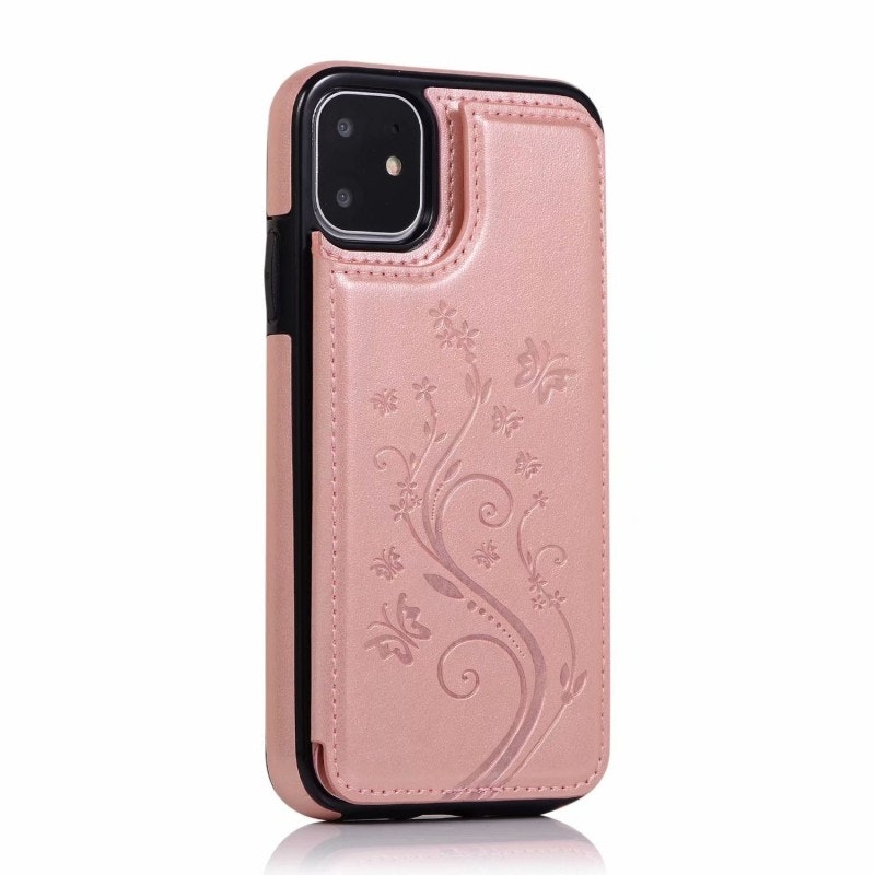iPhone 11 - Stöttåligt Läder skal med kortfack Nordic® Roséguld