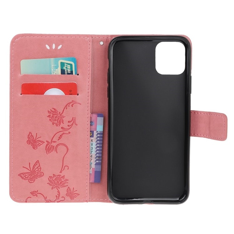 iPhone 12/12 Pro - Läderfodral Mönstrat Fjärilar Rosa