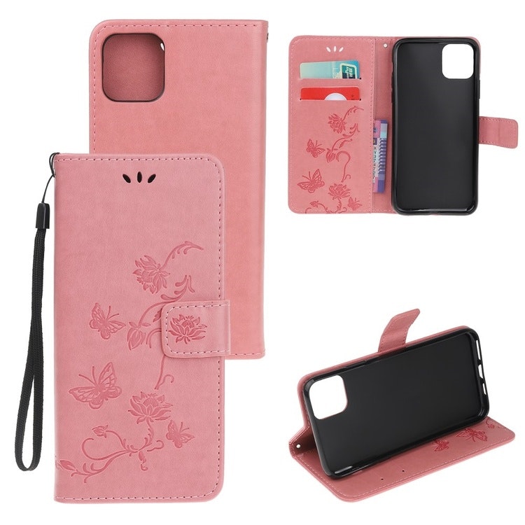 iPhone 12/12 Pro - Läderfodral Mönstrat Fjärilar Rosa
