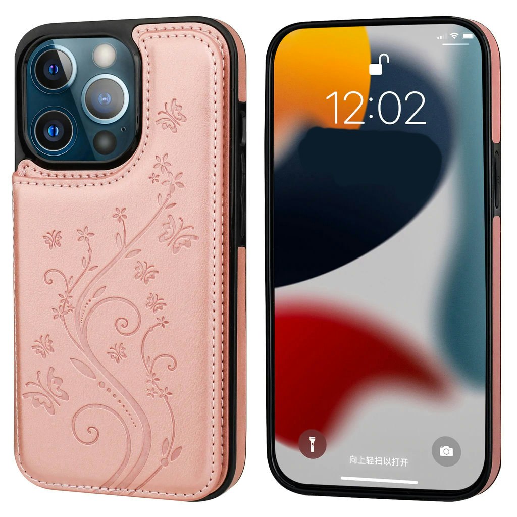 iPhone 13 Pro - Nordic® Stöttåligt Läder skal kortfack Roséguld