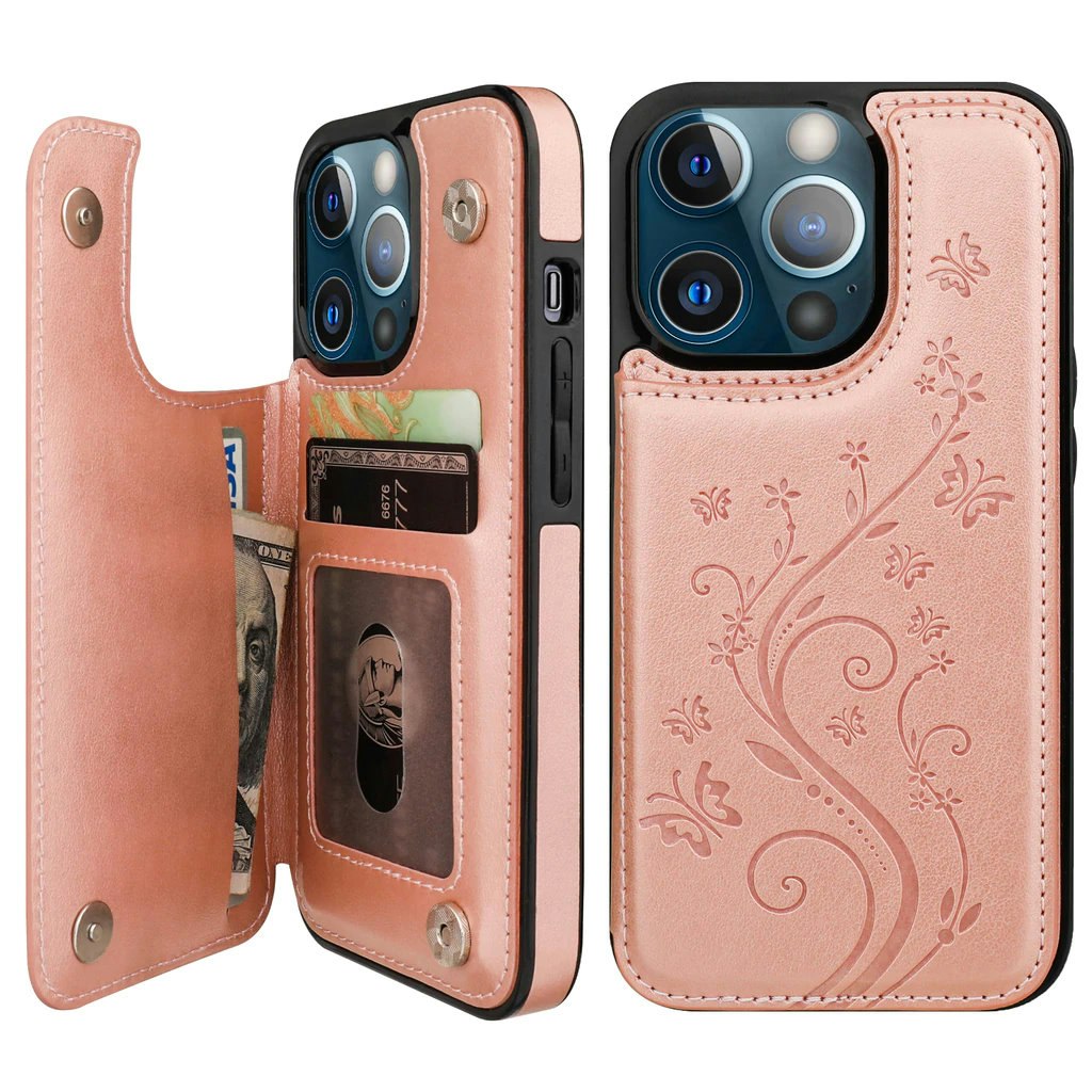 iPhone 13 Pro - Nordic® Stöttåligt Läder skal kortfack Roséguld