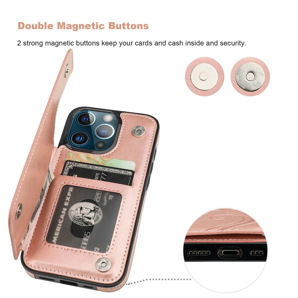 iPhone 14 Pro Max - Nordic® Stöttåligt Läder skal kortfack Roséguld